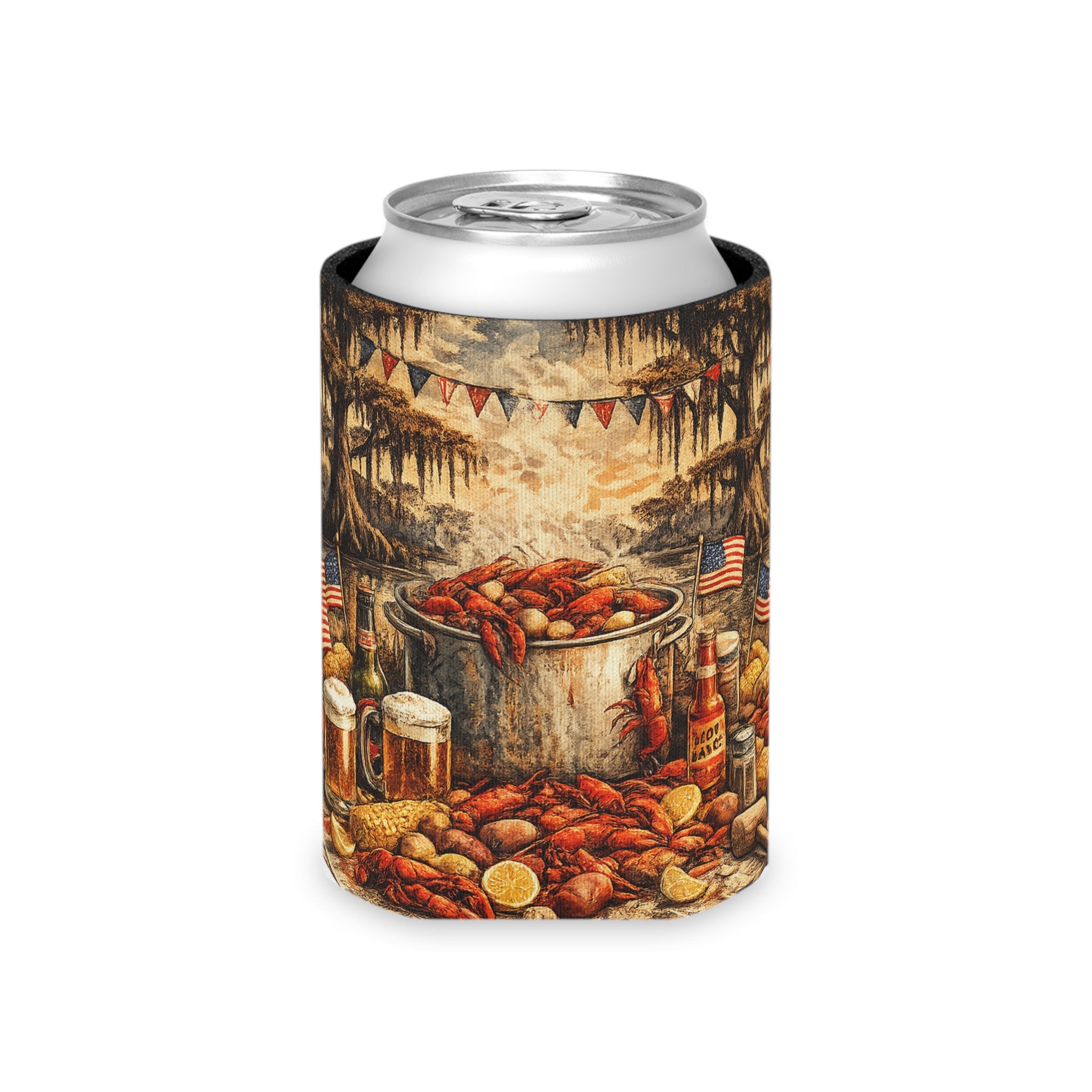 Patriotic Bayou Can Cooler – Fourth of July Crawfish Boil & Fireworks