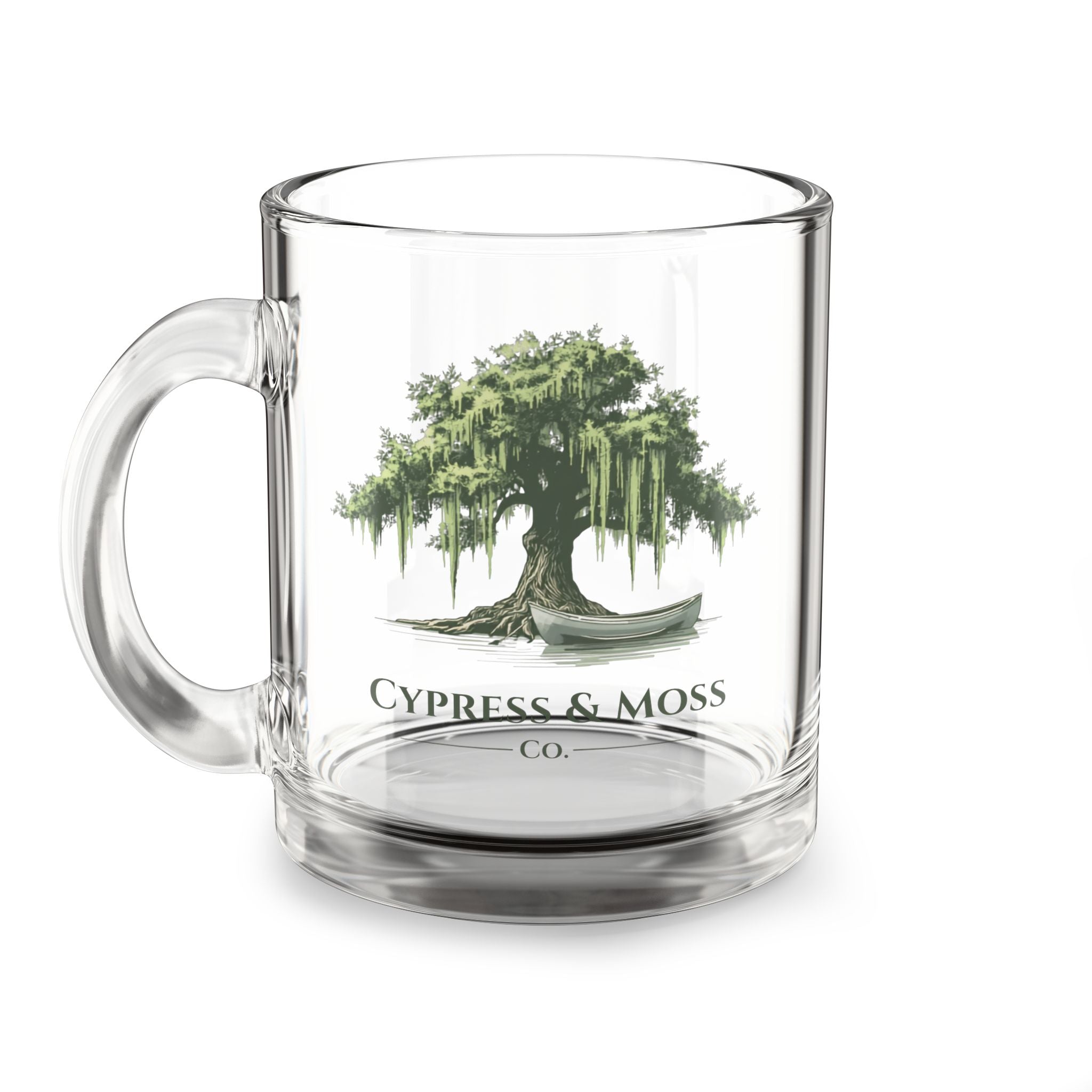 10oz Glass Mug — Cypress & Moss Tree Design Coffee Cup