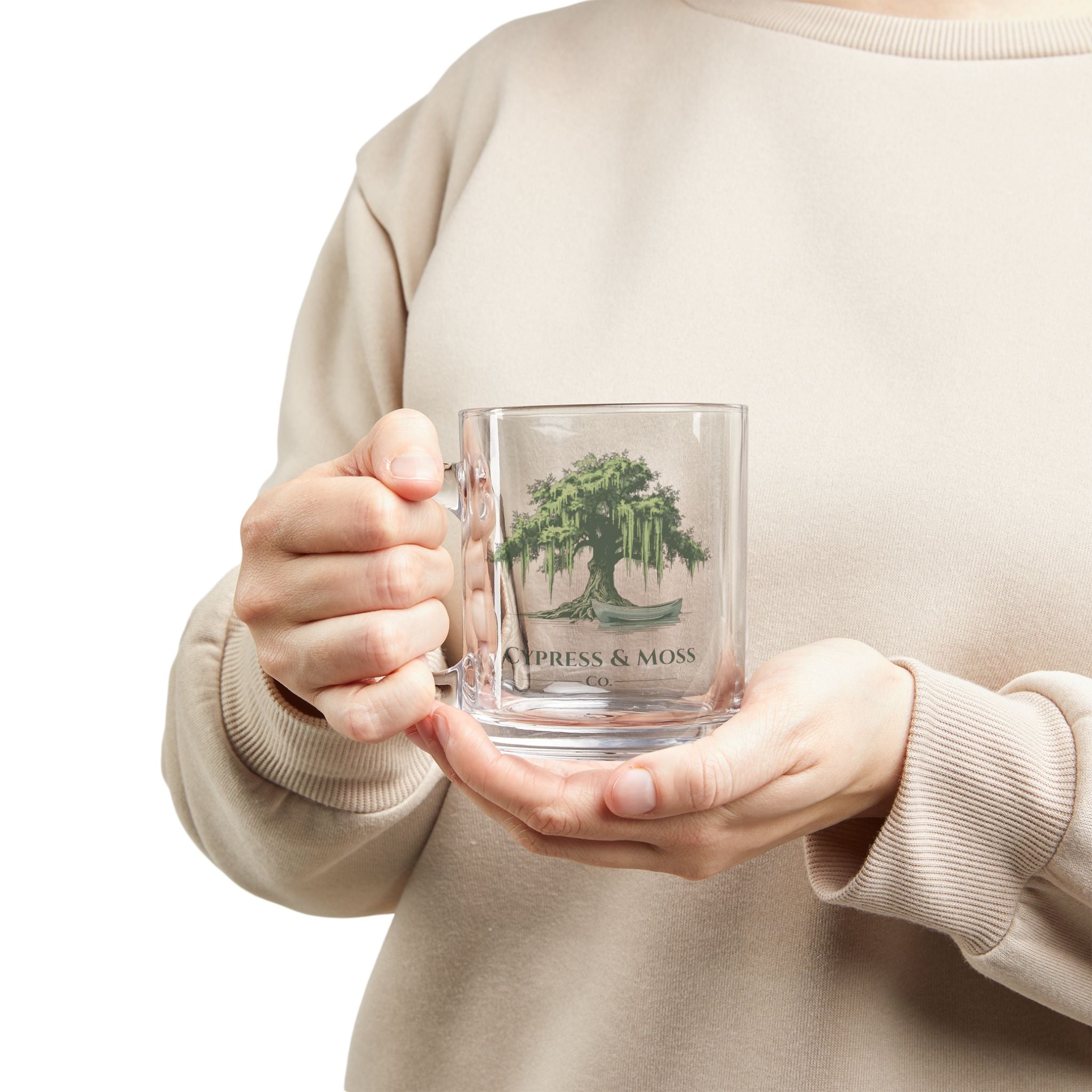 10oz Glass Mug — Cypress & Moss Tree Design Coffee Cup