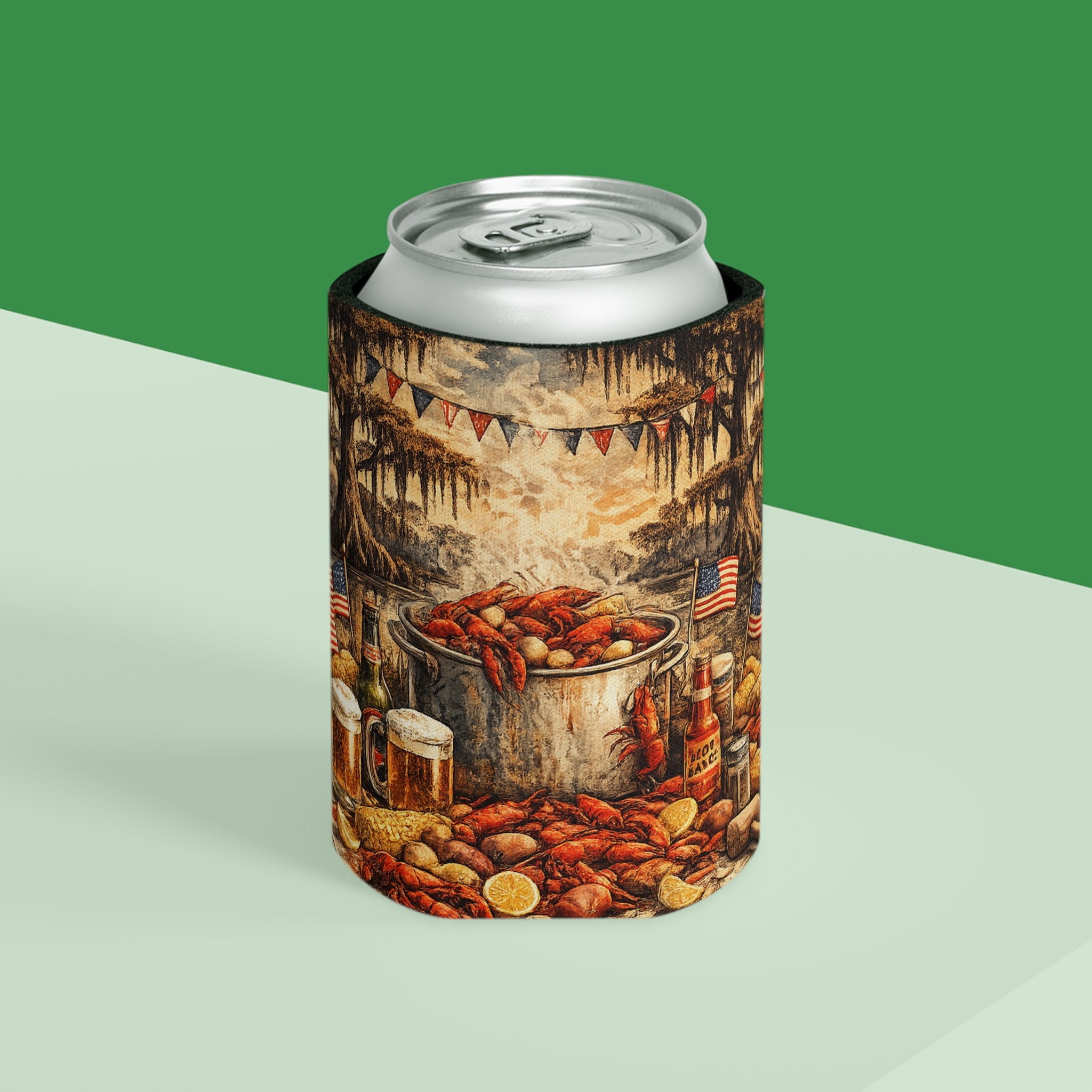 Patriotic Bayou Can Cooler – Fourth of July Crawfish Boil & Fireworks
