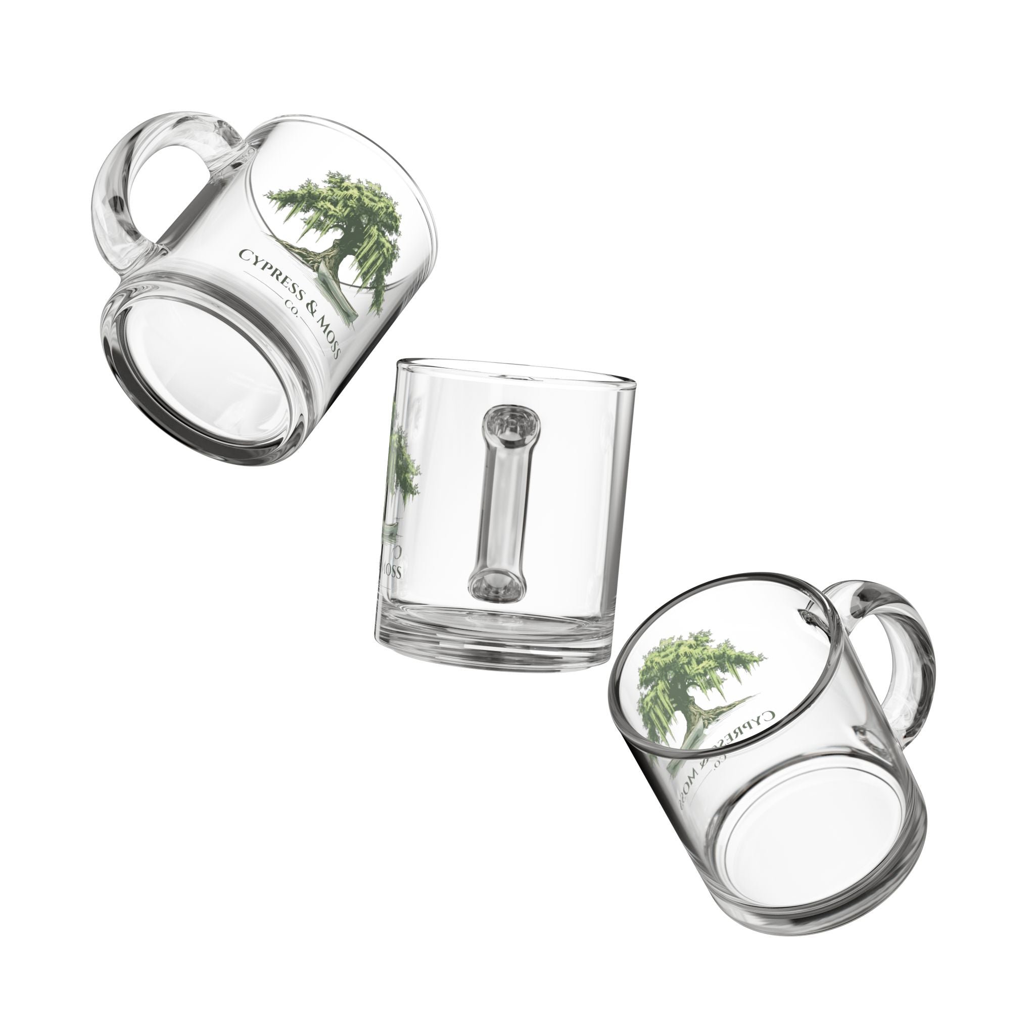 10oz Glass Mug — Cypress & Moss Tree Design Coffee Cup