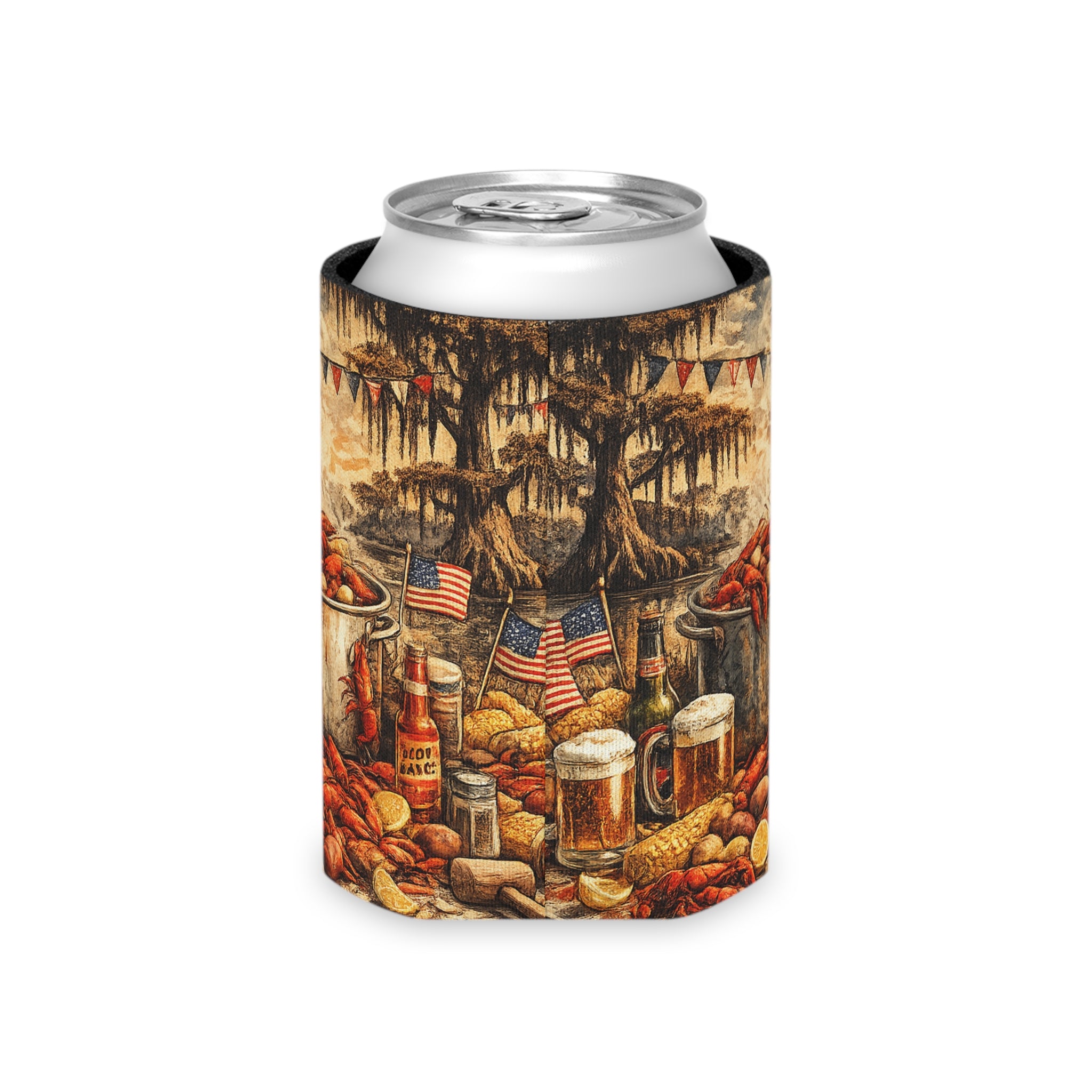 Patriotic Bayou Can Cooler – Fourth of July Crawfish Boil & Fireworks