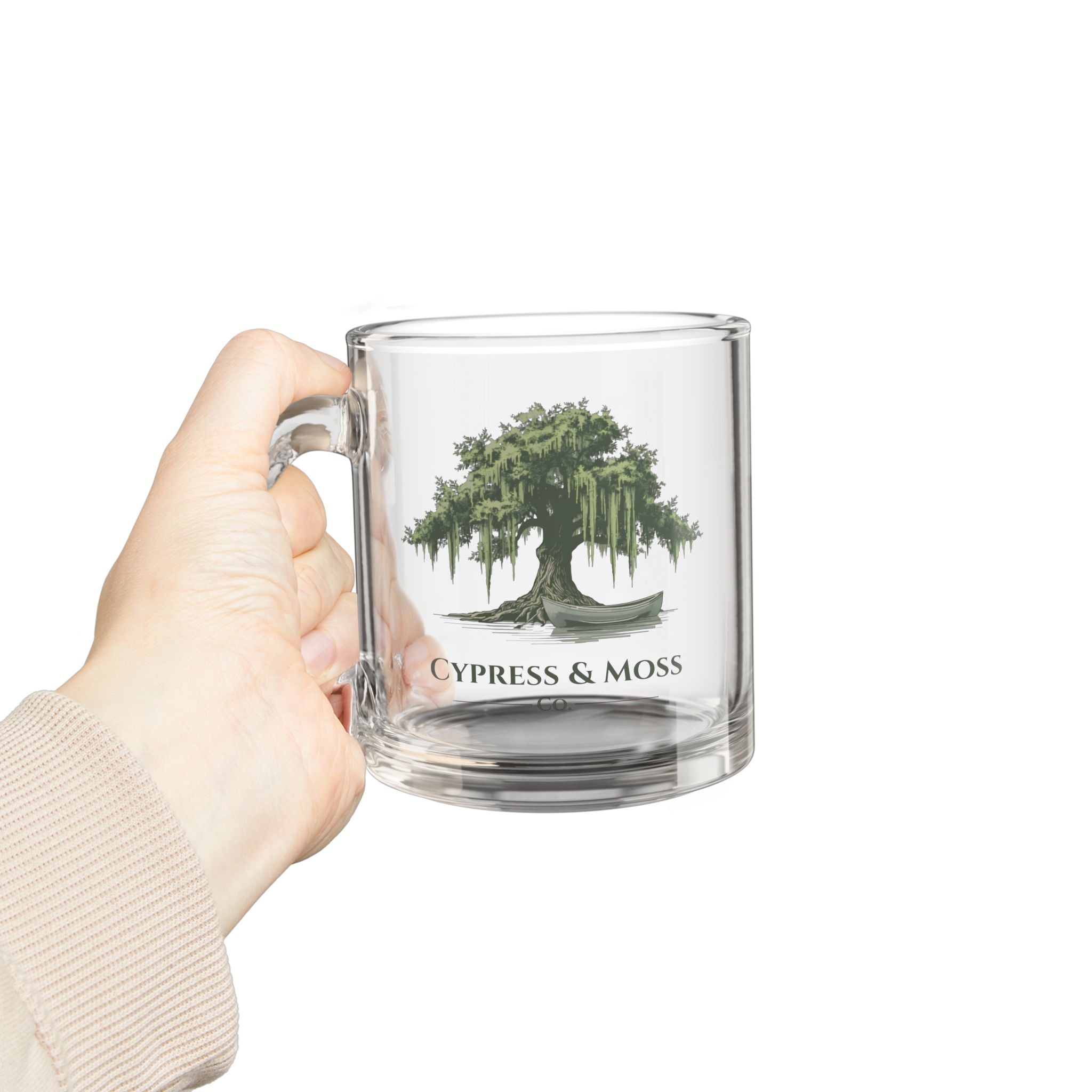 10oz Glass Mug — Cypress & Moss Tree Design Coffee Cup