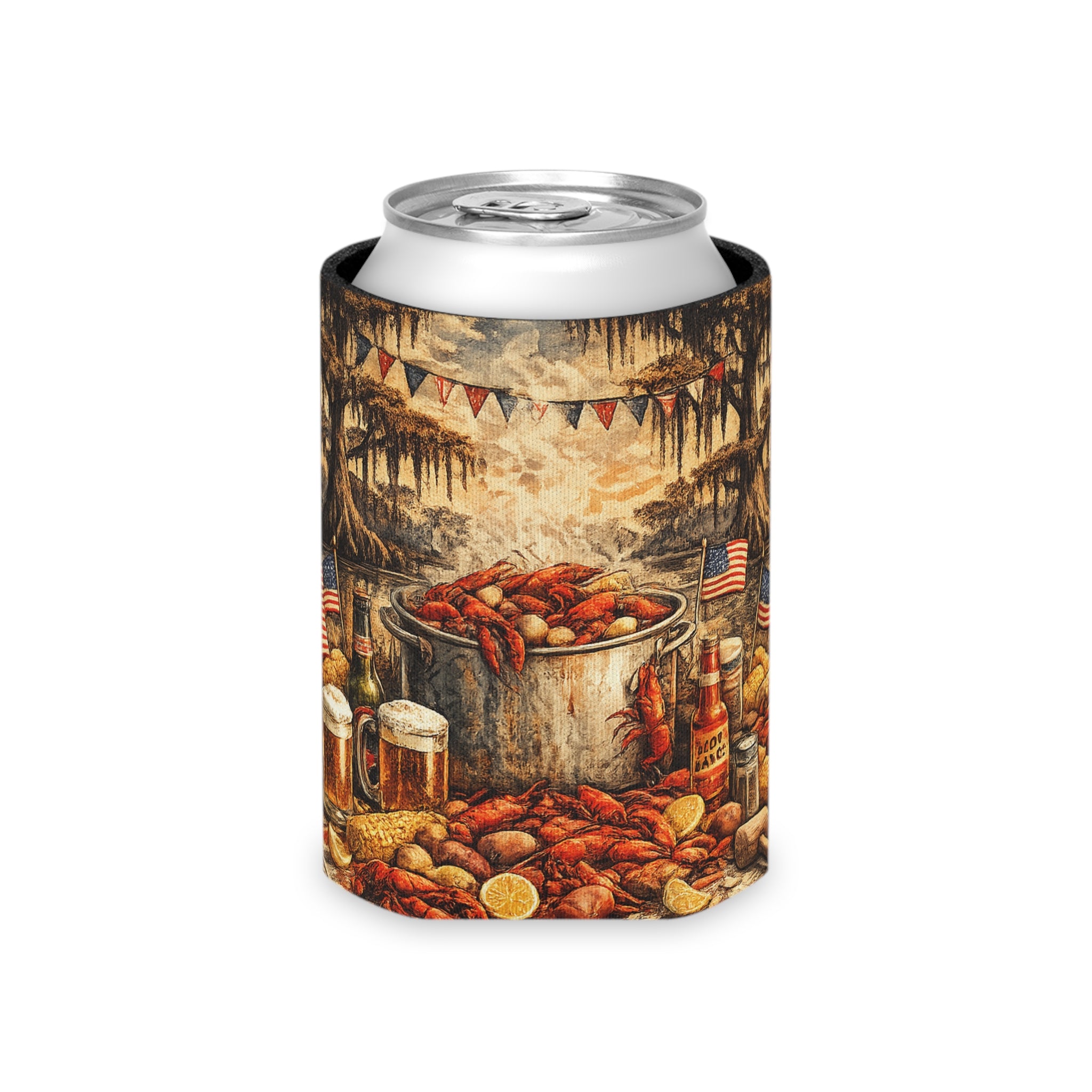 Patriotic Bayou Can Cooler – Fourth of July Crawfish Boil & Fireworks