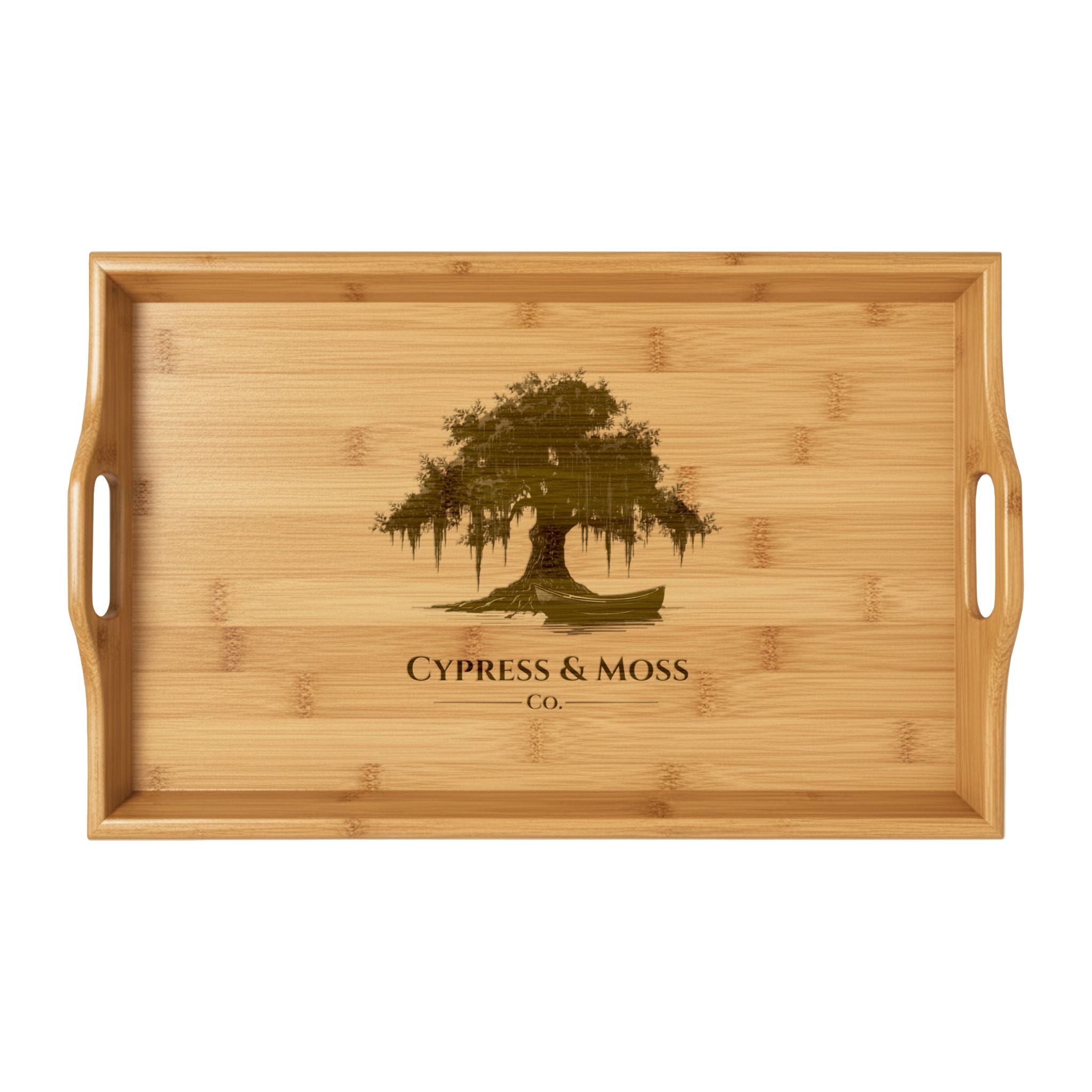 Engraved Bamboo Serving Tray — Cypress & Moss Tree Design